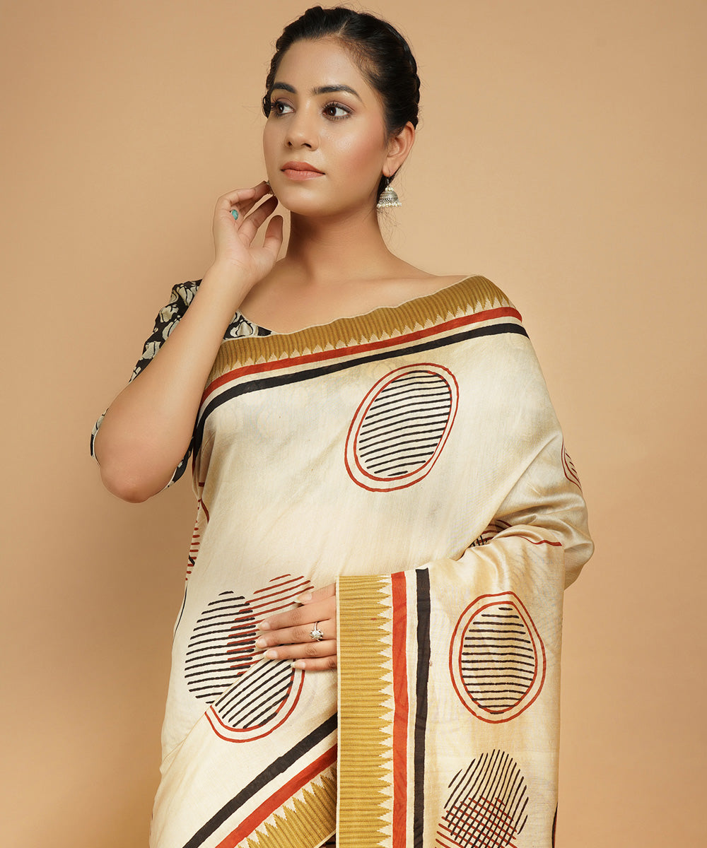 Cream gheecha border cotton silk handblock dabu print sari