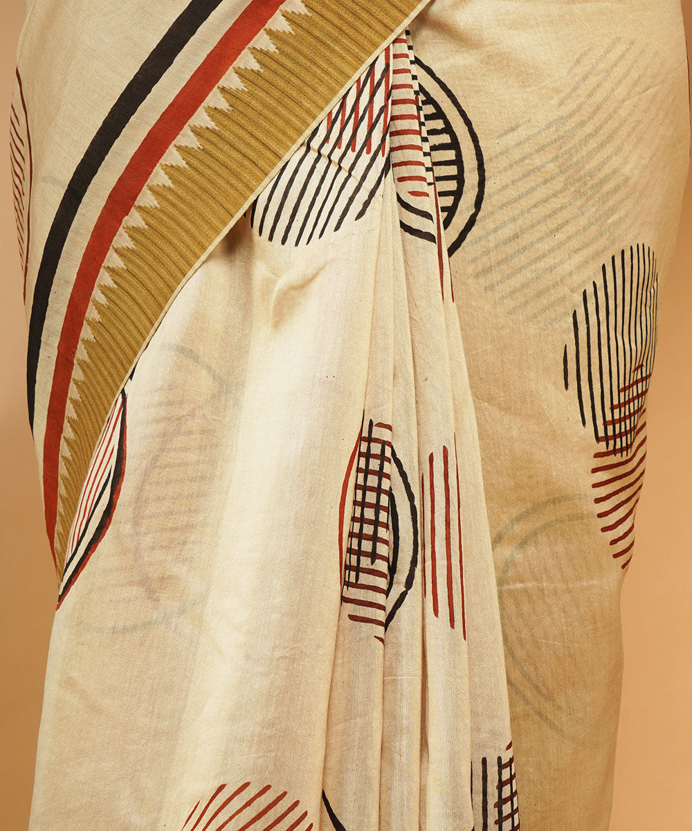 Cream gheecha border cotton silk handblock dabu print sari