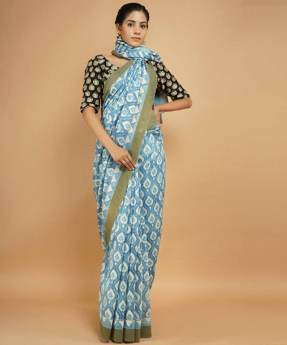 Indigo ghiccha border cotton silk handblock dabu printed sari