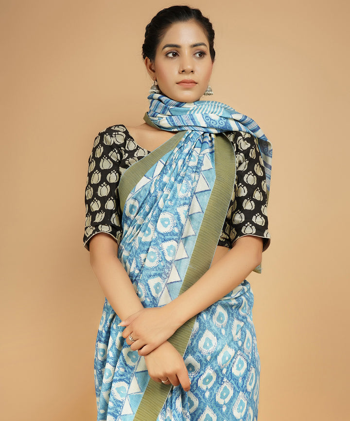 Indigo ghiccha border cotton silk handblock dabu printed sari