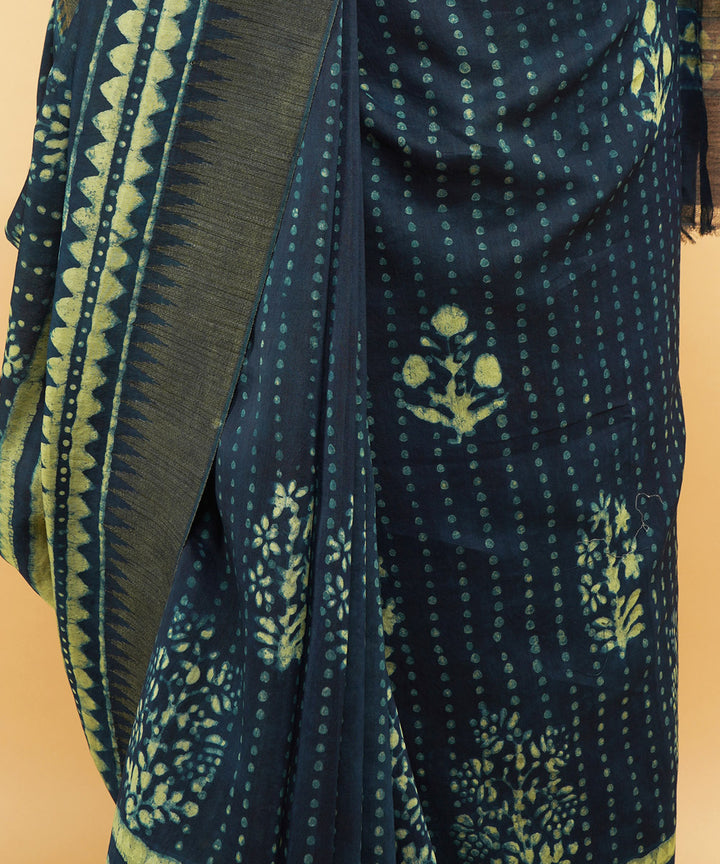 Indigo ghiccha border cotton silk hand block dabu print sari
