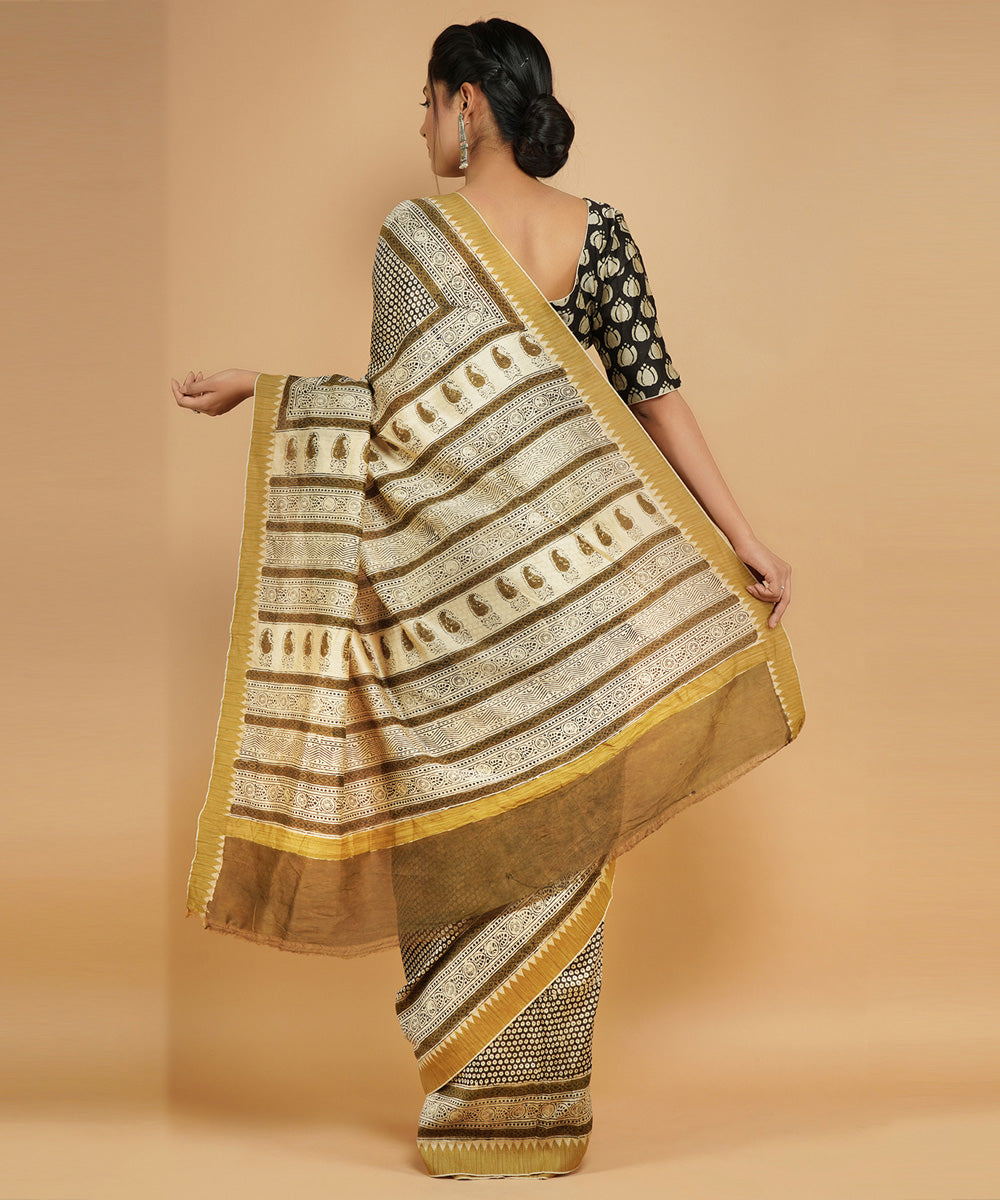 Black gheecha border cotton silk handblock dabu print sari