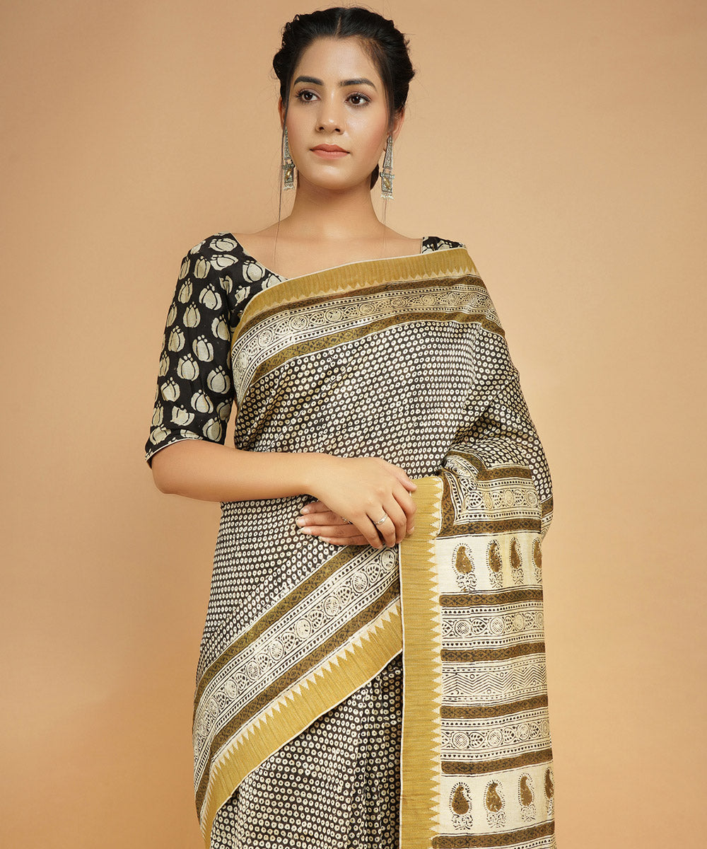 Black gheecha border cotton silk handblock dabu print sari