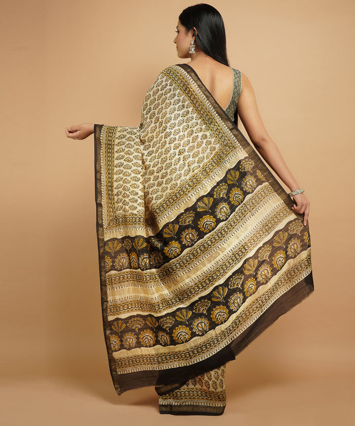 Cream cotton silk handblock dabu print sari