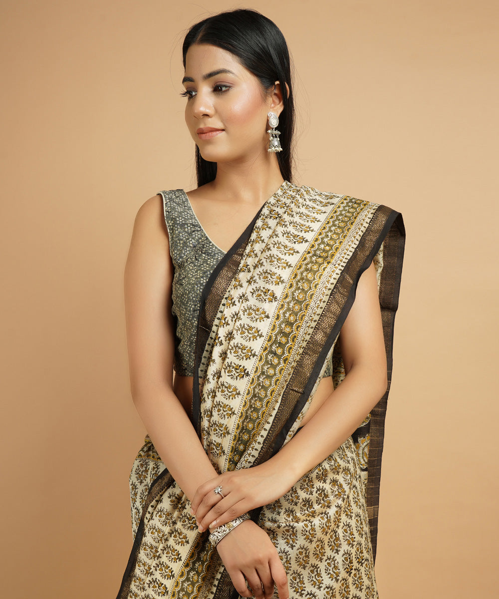 Cream cotton silk handblock dabu print sari