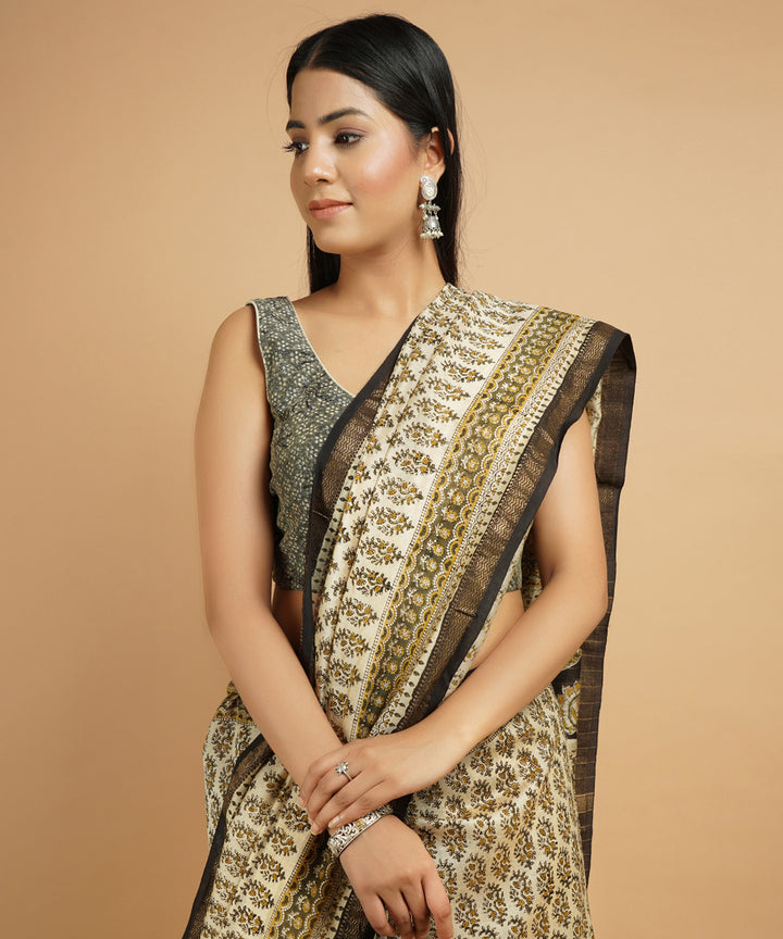 Cream cotton silk handblock dabu print sari