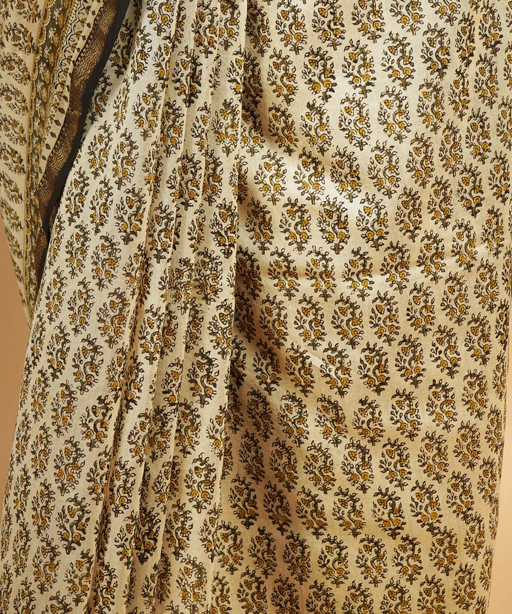 Cream cotton silk handblock dabu print sari