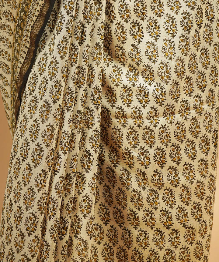 Cream cotton silk handblock dabu print sari