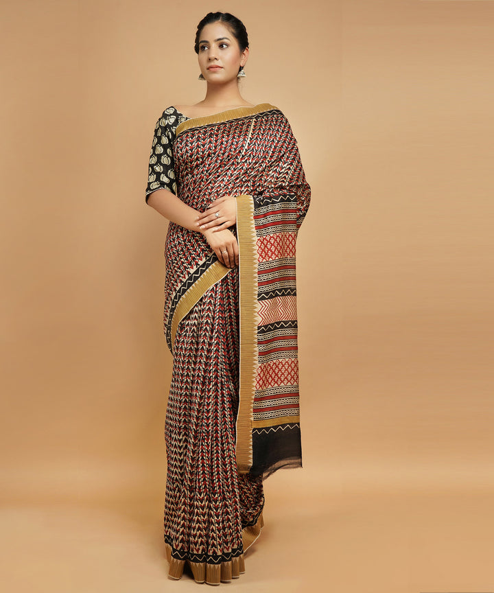 Multicolor gheecha border cotton silk handblock dabu print sari