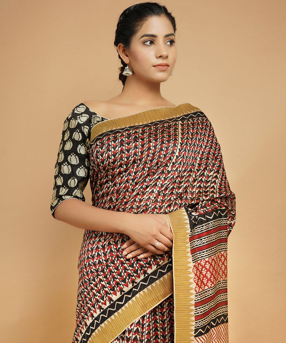 Multicolor gheecha border cotton silk handblock dabu print sari