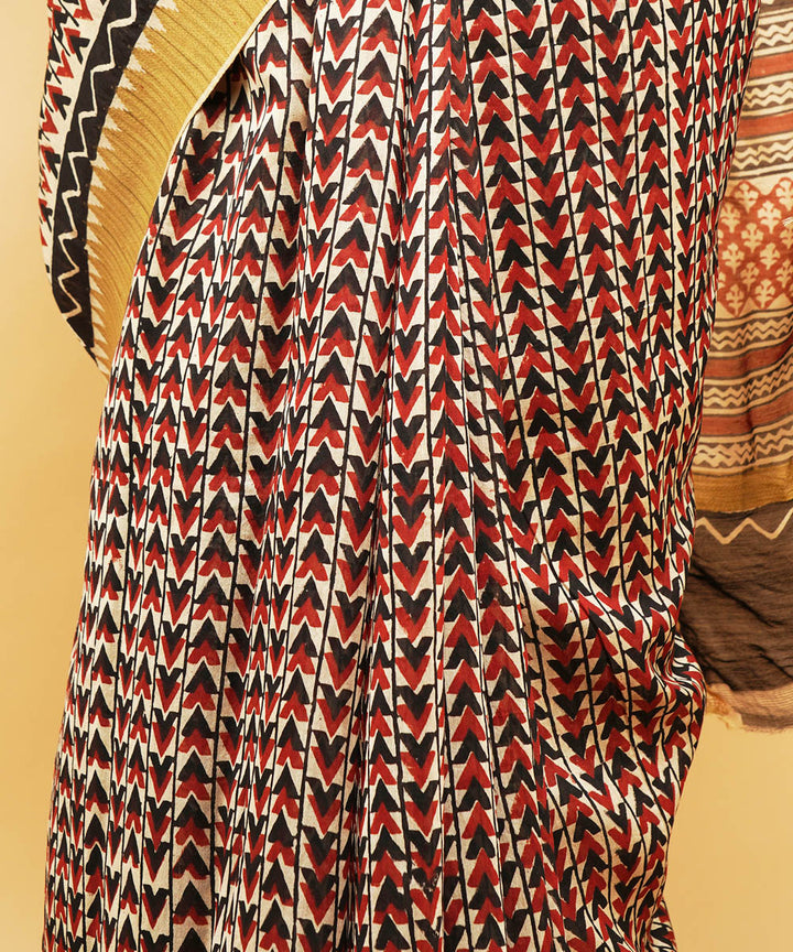 Multicolor gheecha border cotton silk handblock dabu print sari