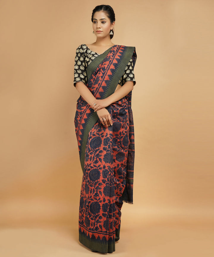 Multicolor gheecha border cotton silk hand block dabu printed sari