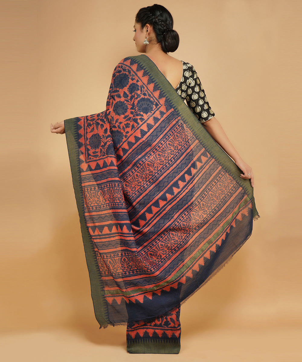 Multicolor gheecha border cotton silk hand block dabu printed sari
