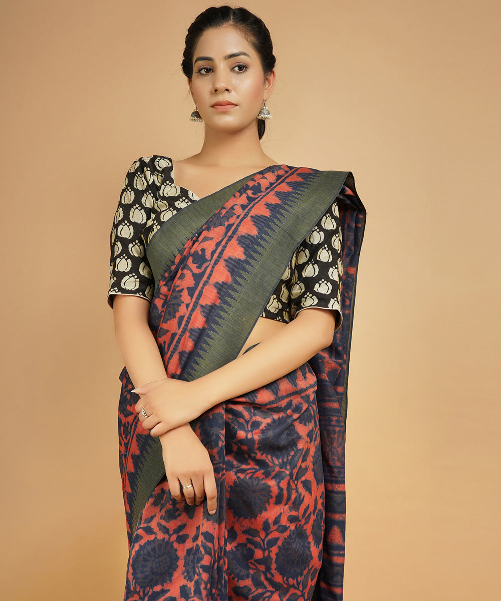 Multicolor gheecha border cotton silk hand block dabu printed sari