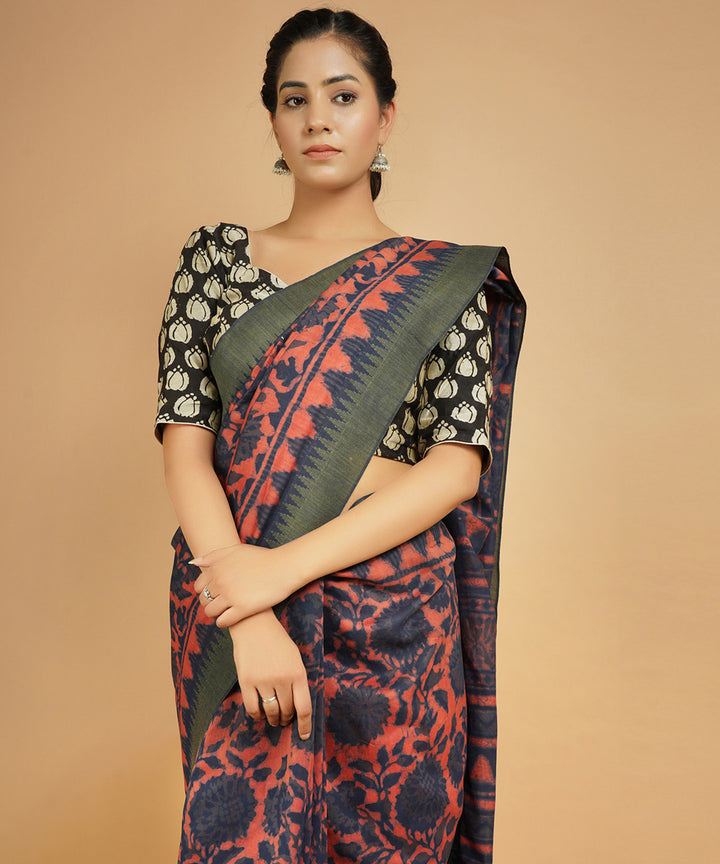 Multicolor gheecha border cotton silk hand block dabu printed sari