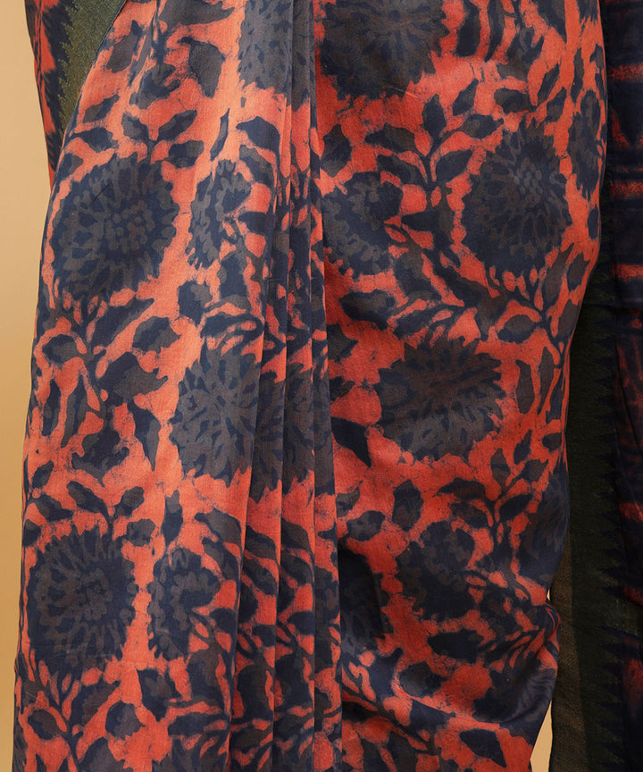Multicolor gheecha border cotton silk hand block dabu printed sari
