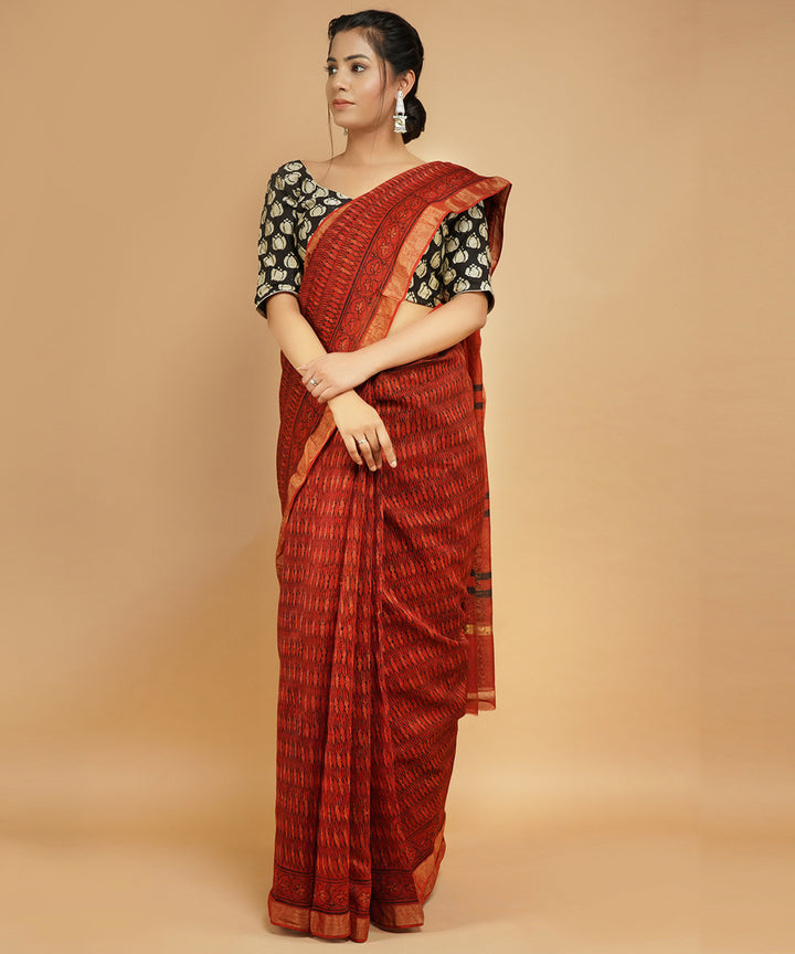 Red cotton silk handblock dabu print sari