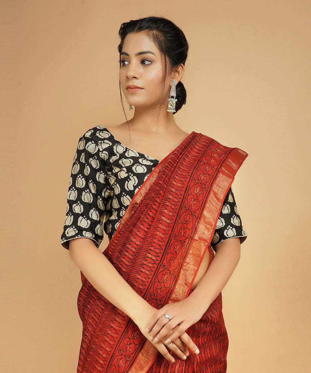 Red cotton silk handblock dabu print sari