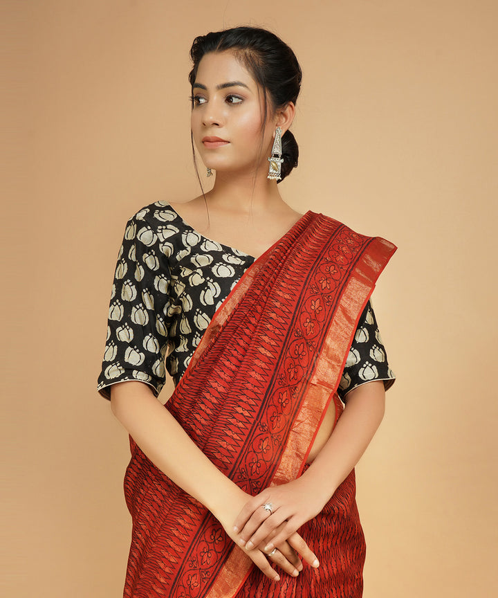 Red cotton silk handblock dabu print sari