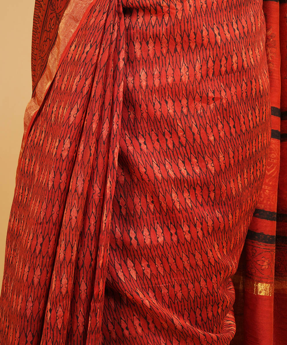 Red cotton silk handblock dabu print sari