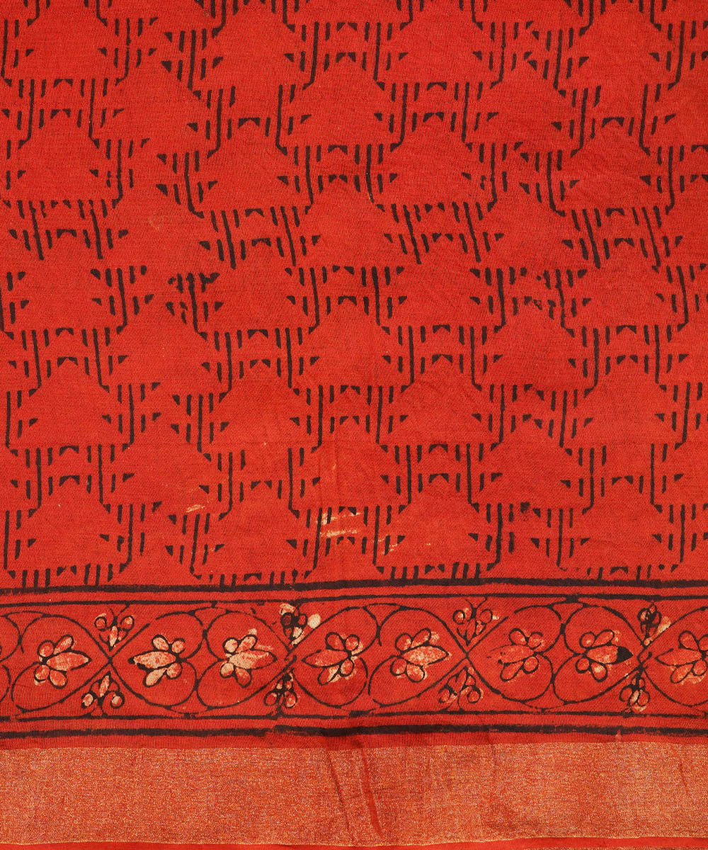 Red cotton silk hand block dabu print sari