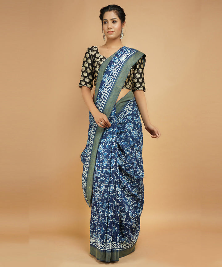 Indigo gheecha border cotton silk handblock dabu print sari