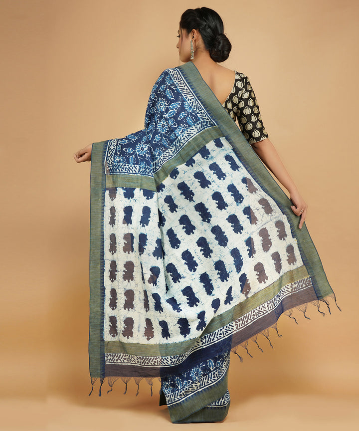 Indigo gheecha border cotton silk handblock dabu print sari