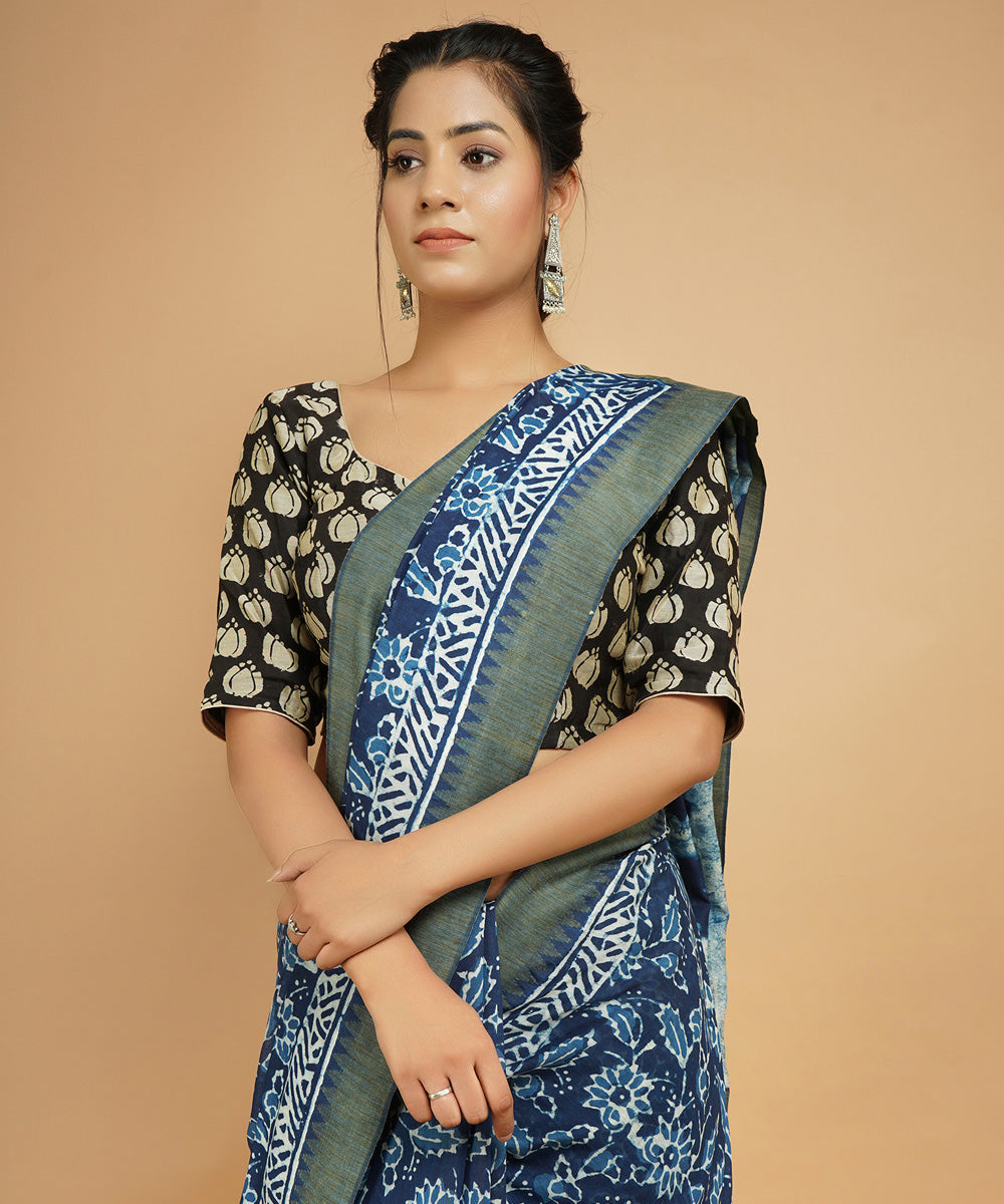 Indigo gheecha border cotton silk handblock dabu print sari
