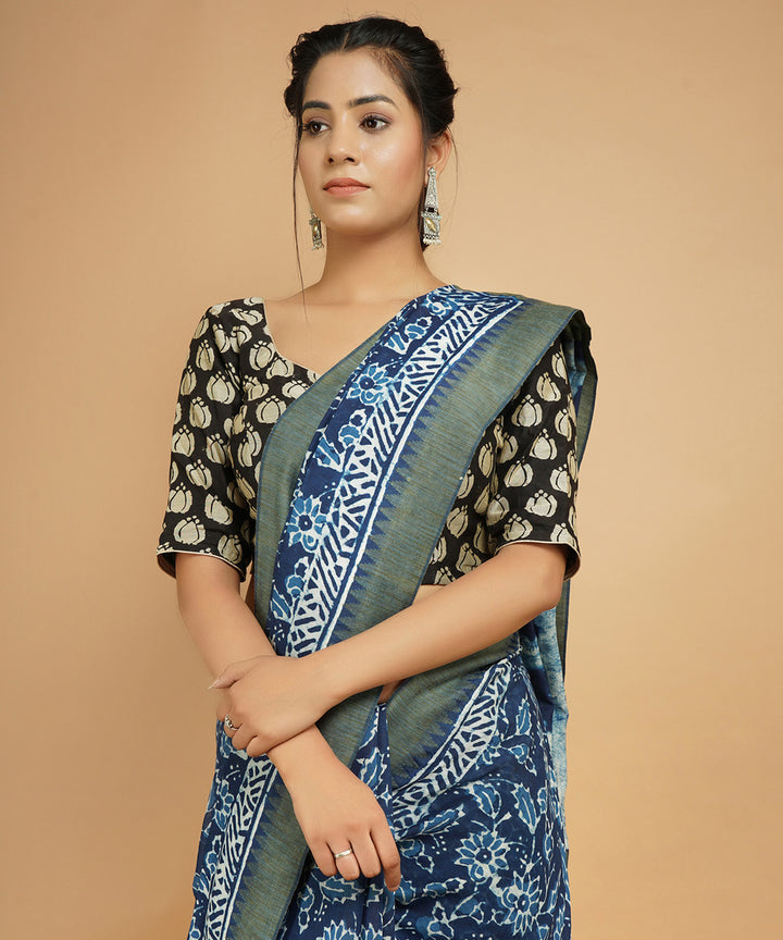Indigo gheecha border cotton silk handblock dabu print sari