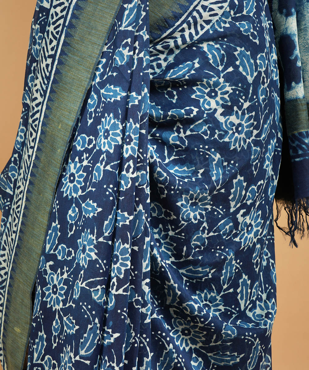 Indigo gheecha border cotton silk handblock dabu print sari