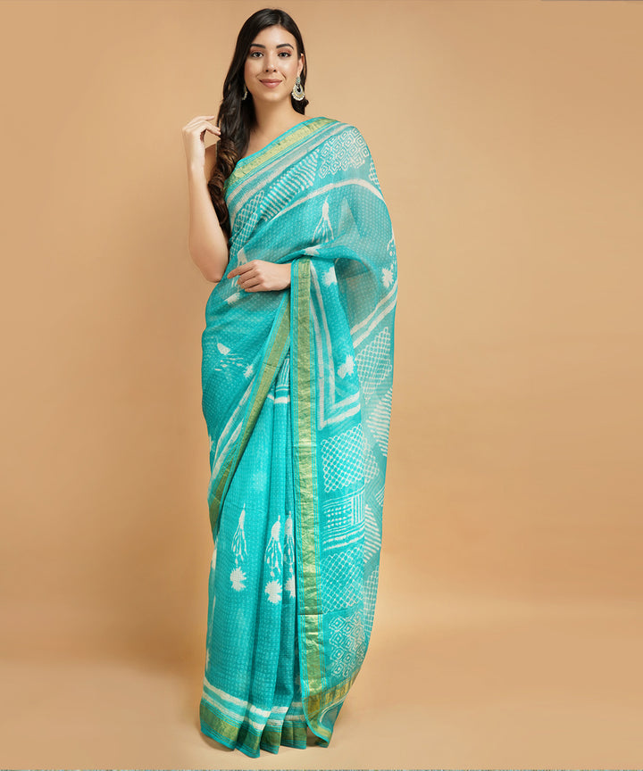 Turquoise silk handblock dabu print sari