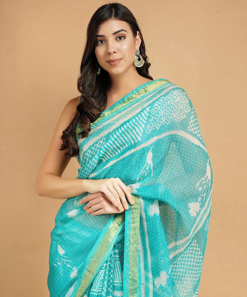 Turquoise silk handblock dabu print sari