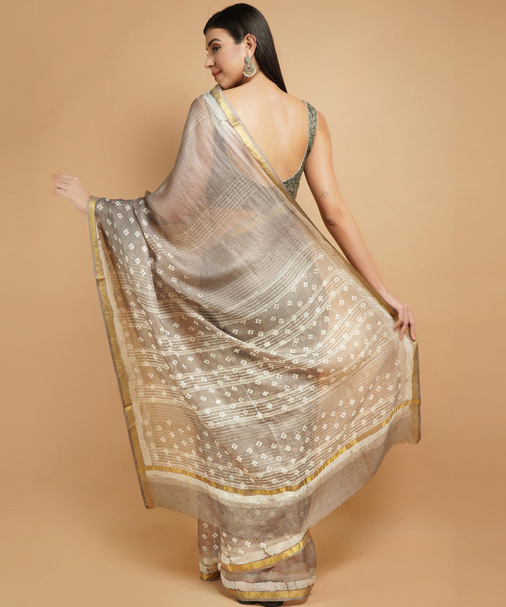 Grey cotton silk handblock dabu print sari