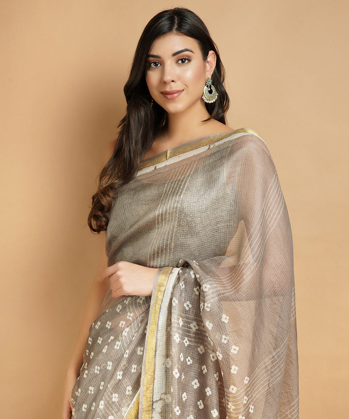 Grey cotton silk handblock dabu print sari