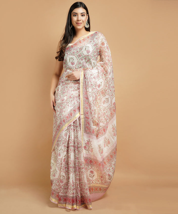 Pink silk handblock dabu print sari