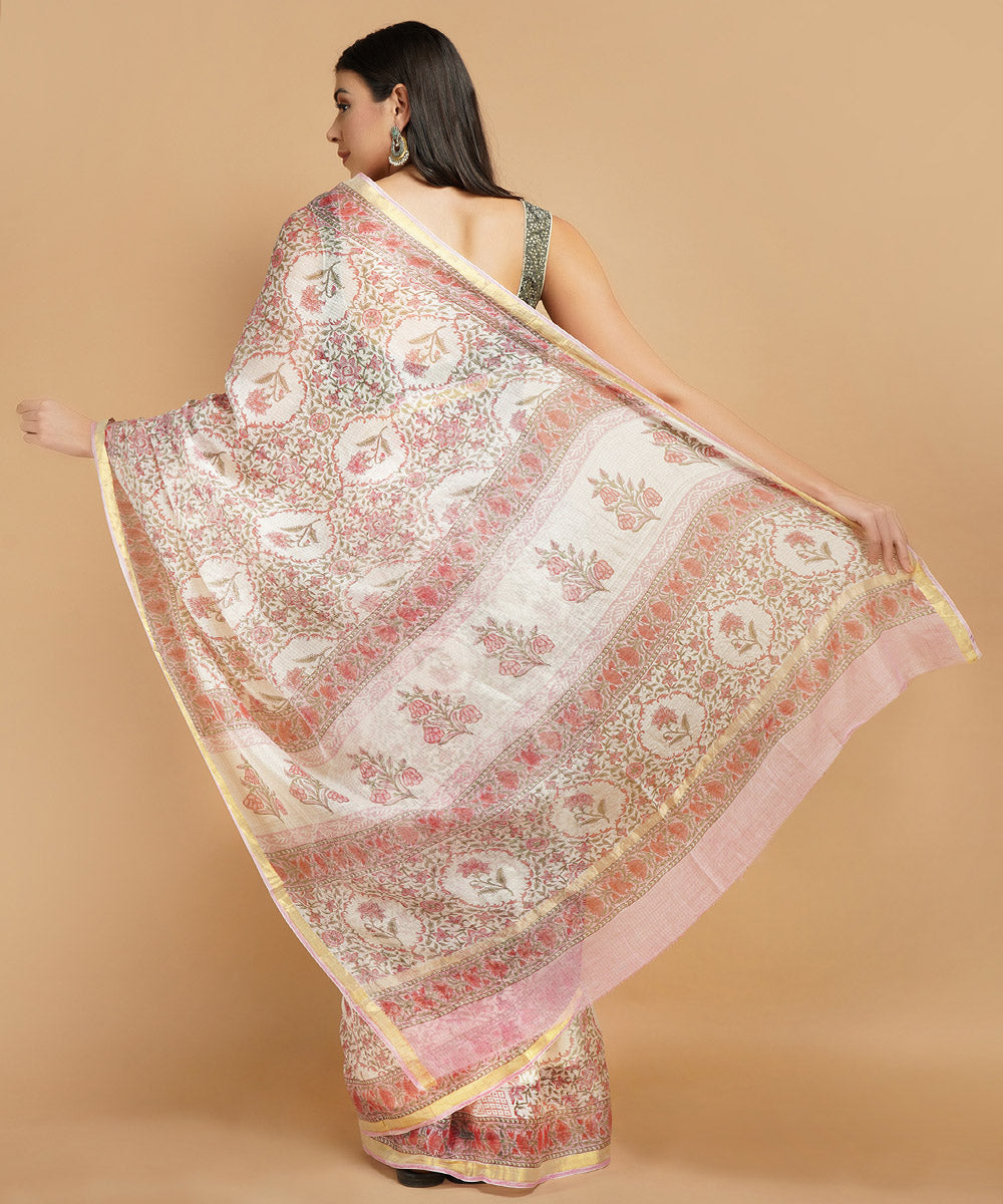 Pink silk handblock dabu print sari