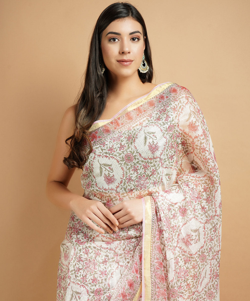 Pink silk handblock dabu print sari