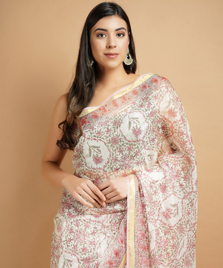 Pink silk handblock dabu print sari