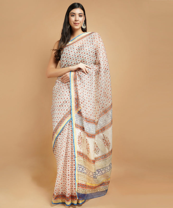 Cream silk handblock dabu print sari