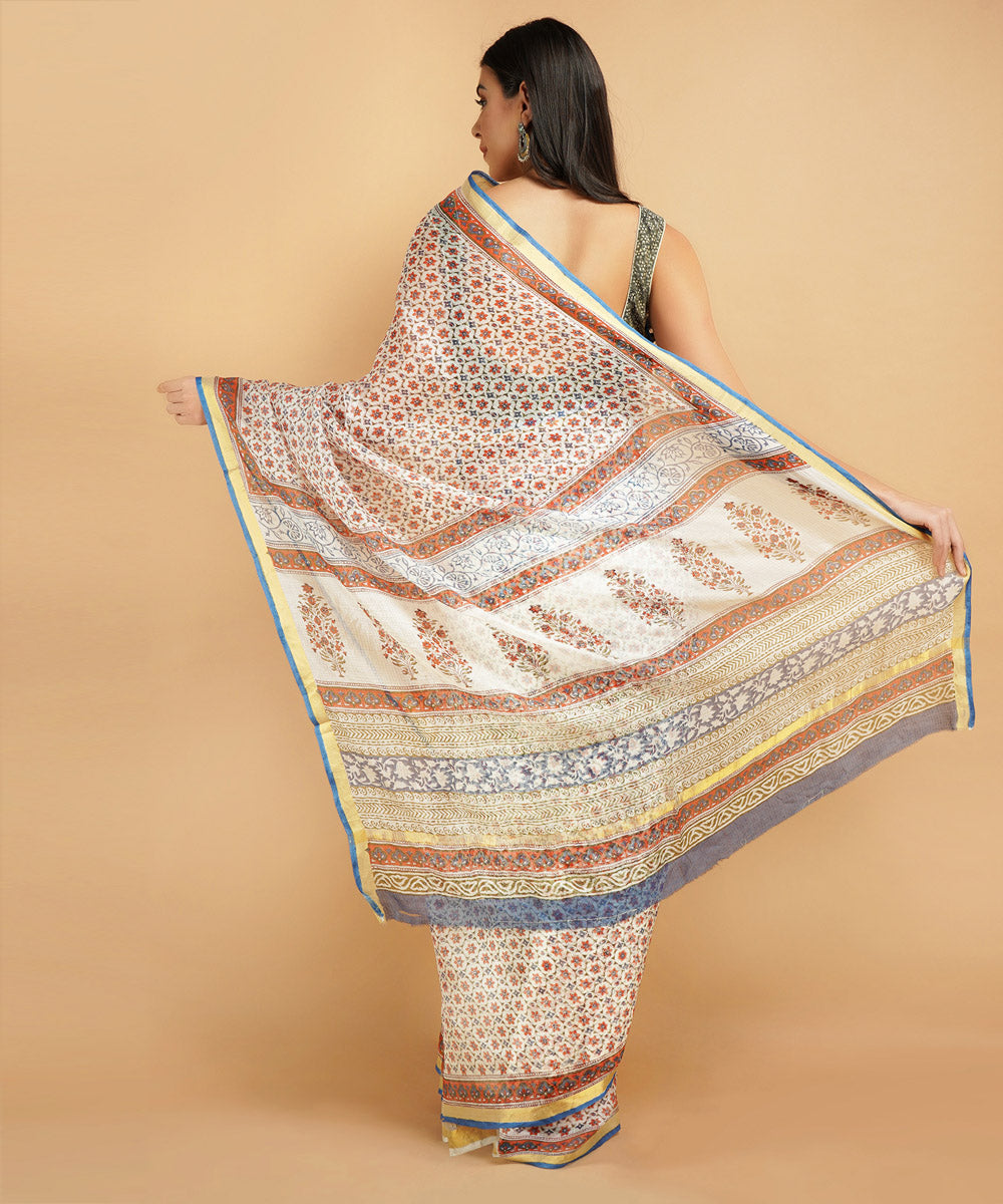 Cream silk handblock dabu print sari