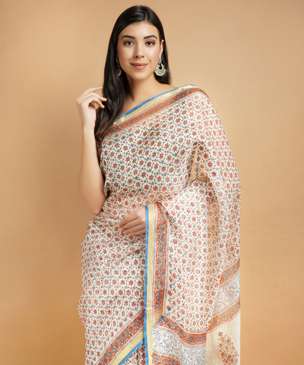 Cream silk handblock dabu print sari