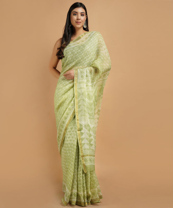 Lime green silk handblock dabu print sari