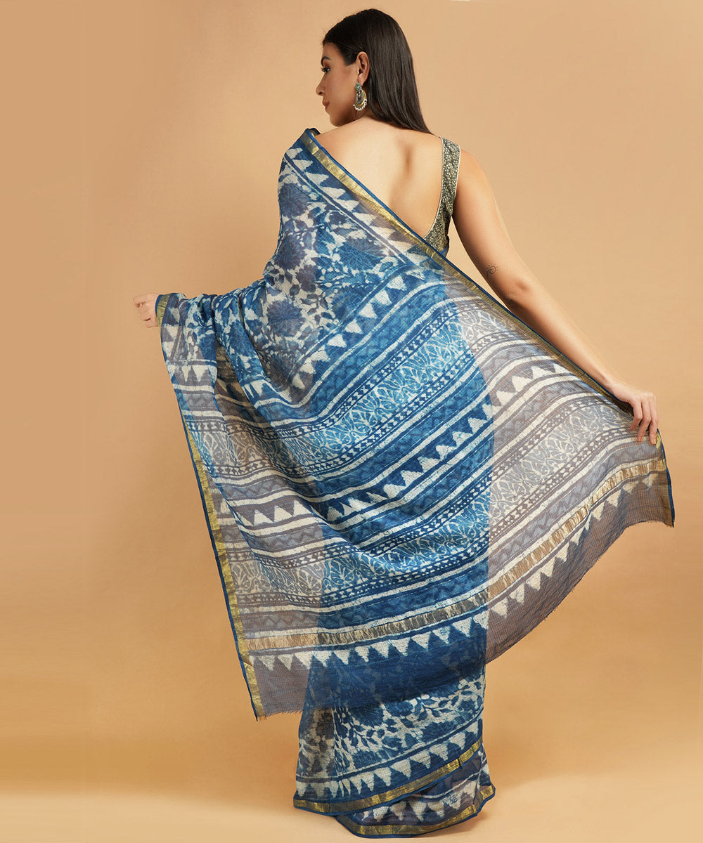 Indigo silk handblock dabu print sari