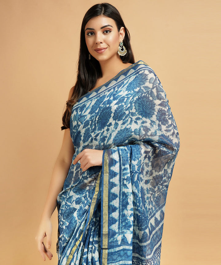 Indigo silk handblock dabu print sari