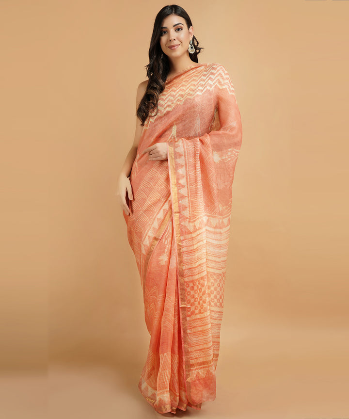 Peach silk handblock dabu print sari