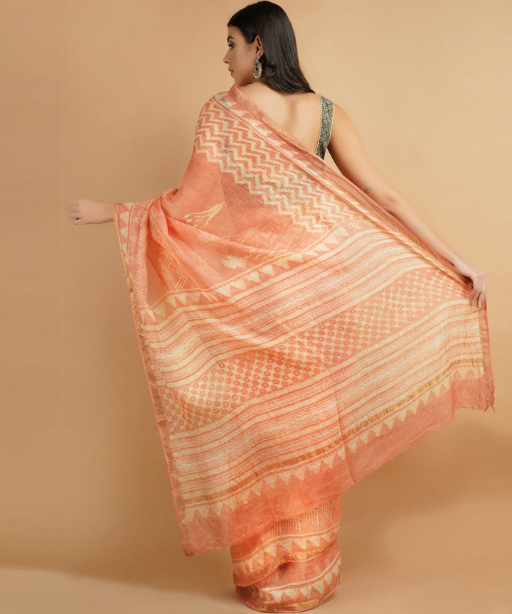 Peach silk handblock dabu print sari