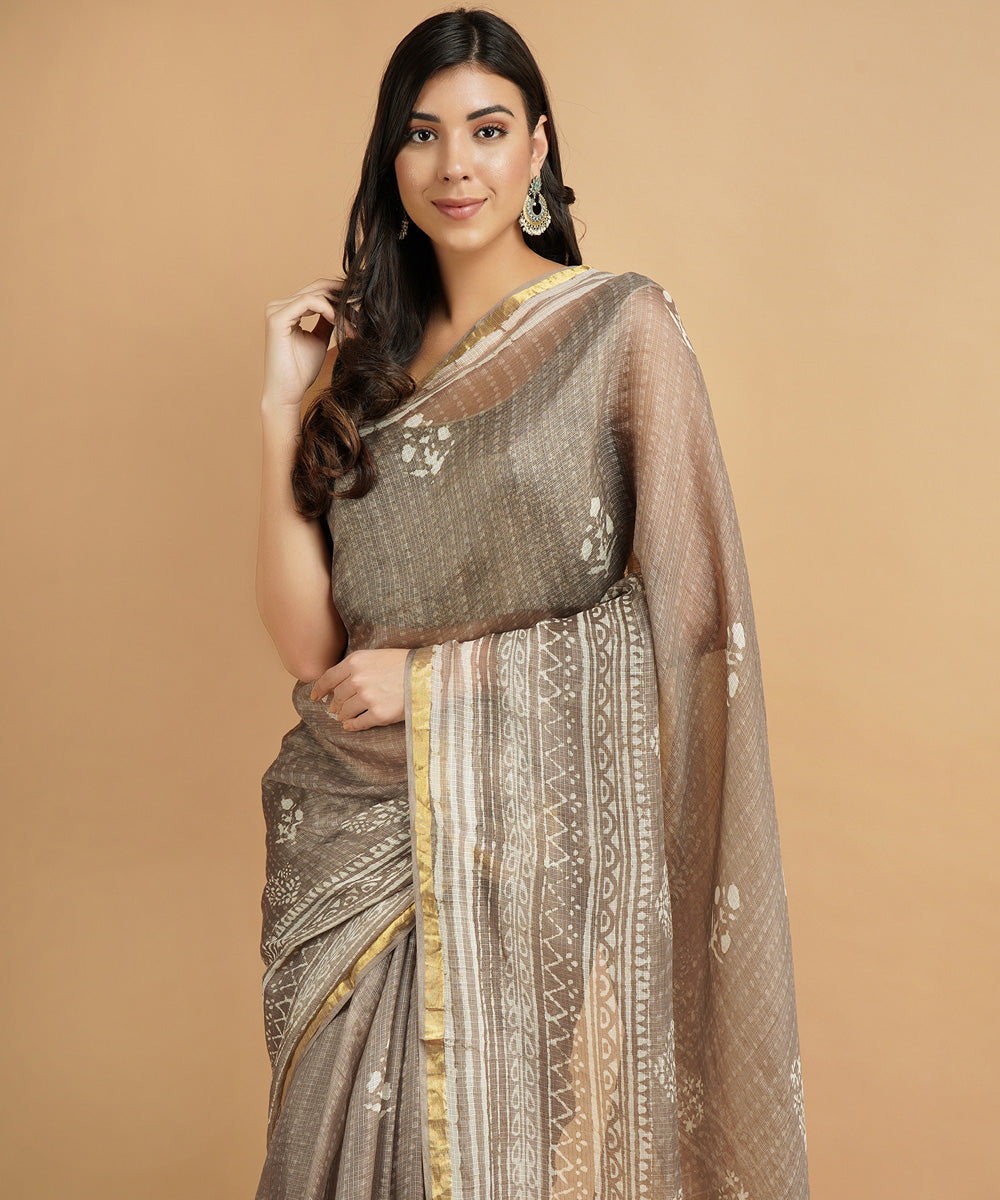 Grey silk handblock dabu print sari