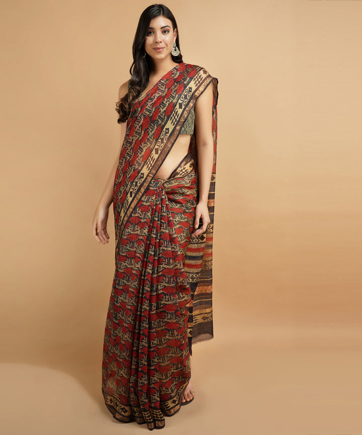 Red silk handblock dabu print sari