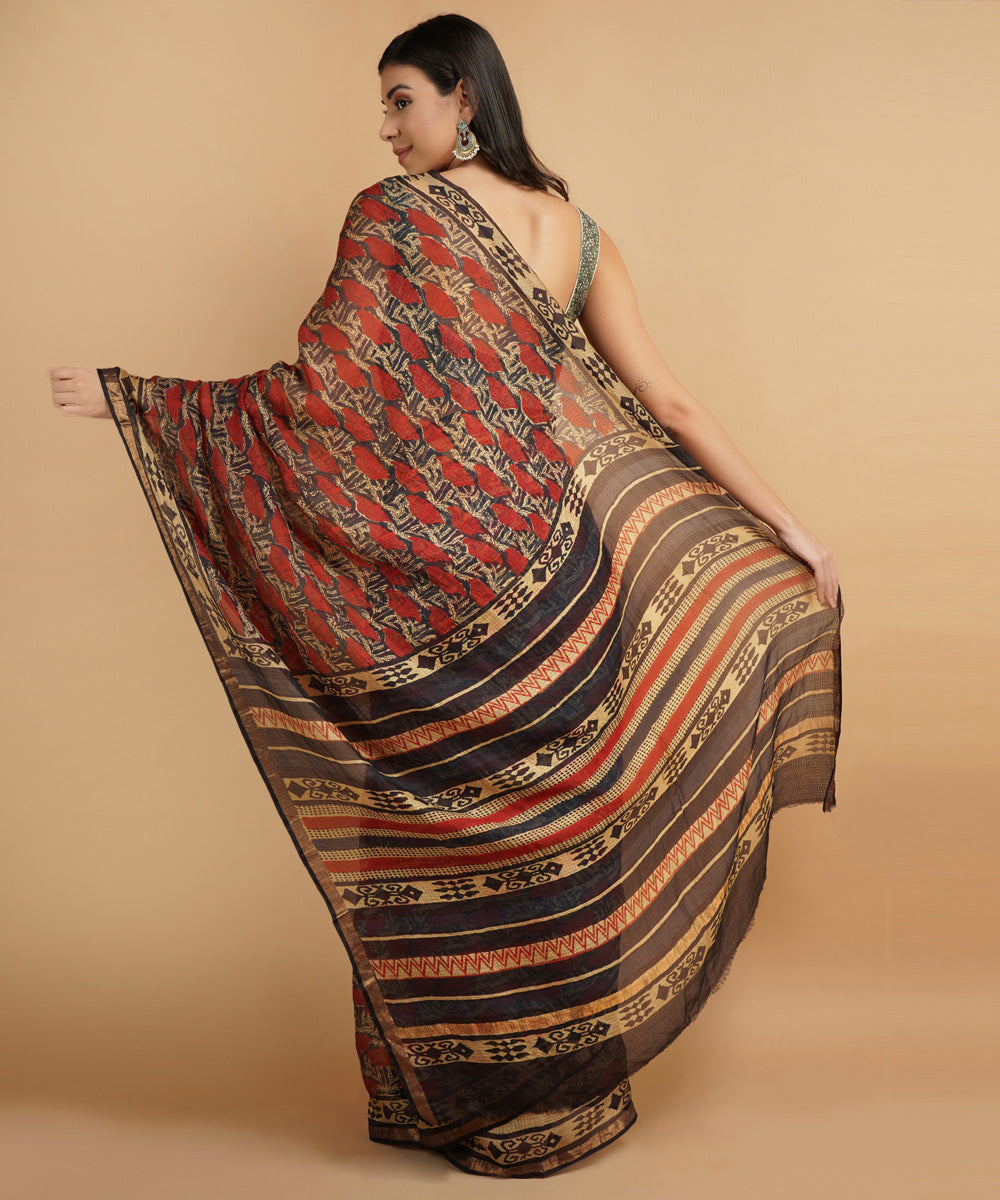 Red silk handblock dabu print sari