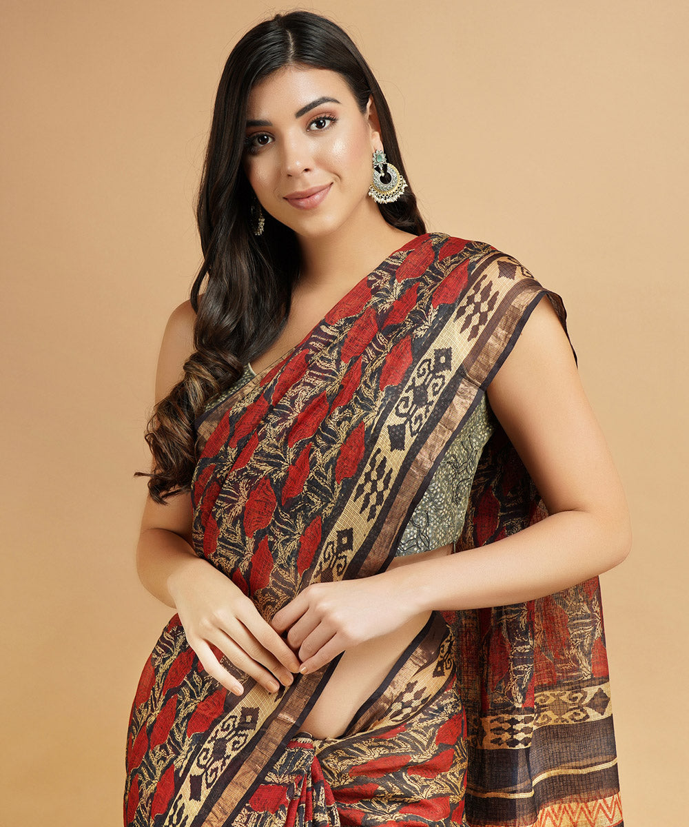 Red silk handblock dabu print sari